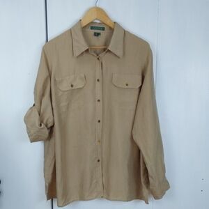 Lauren Ralph Lauren Womens Tan/ Beige Button-Up Silk Dress Shirt Sz.14W